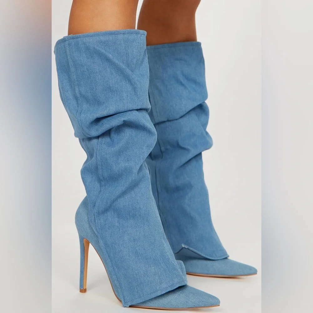 NWB- SLOUCHY DENIM STILETTO BOOTS - Picture 2 of 4